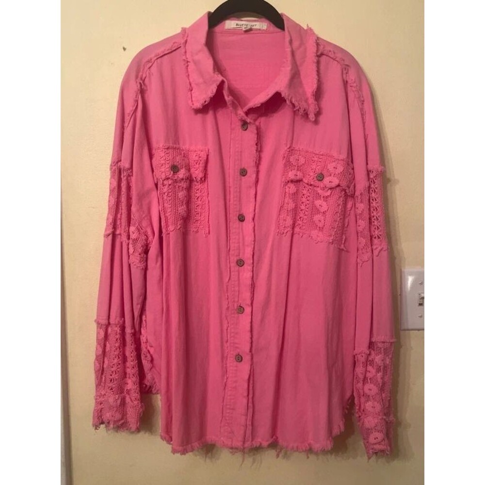 Blue velvet top button-down shirt oversized shacket nwot never worn bright pink